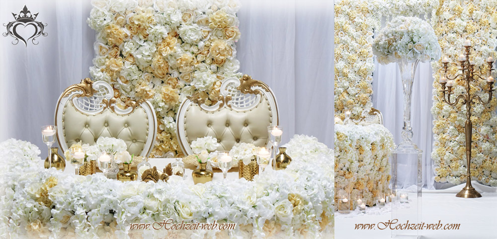 Hochzeitsdeko Blumenwand champagner creme gold14