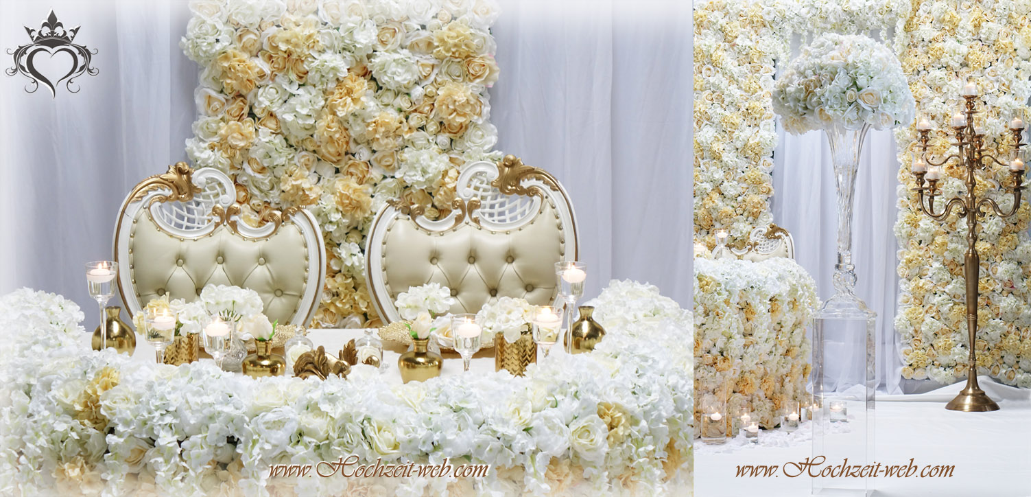 Hochzeitsdeko Blumenwand champagner creme gold